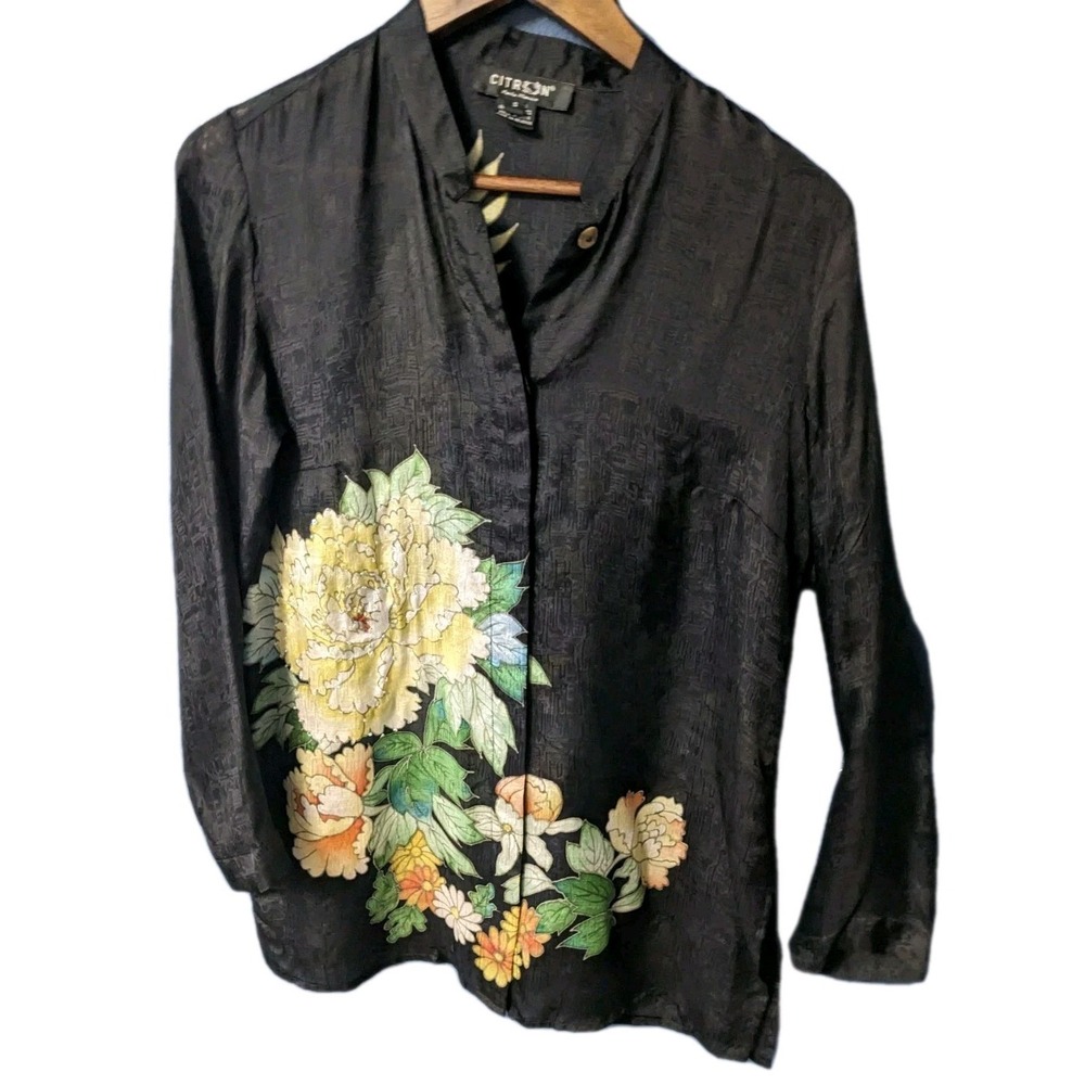 Citron Silk Tunic Sheer Black  Festive Beaded Florals In Pale Yellow and Green S
